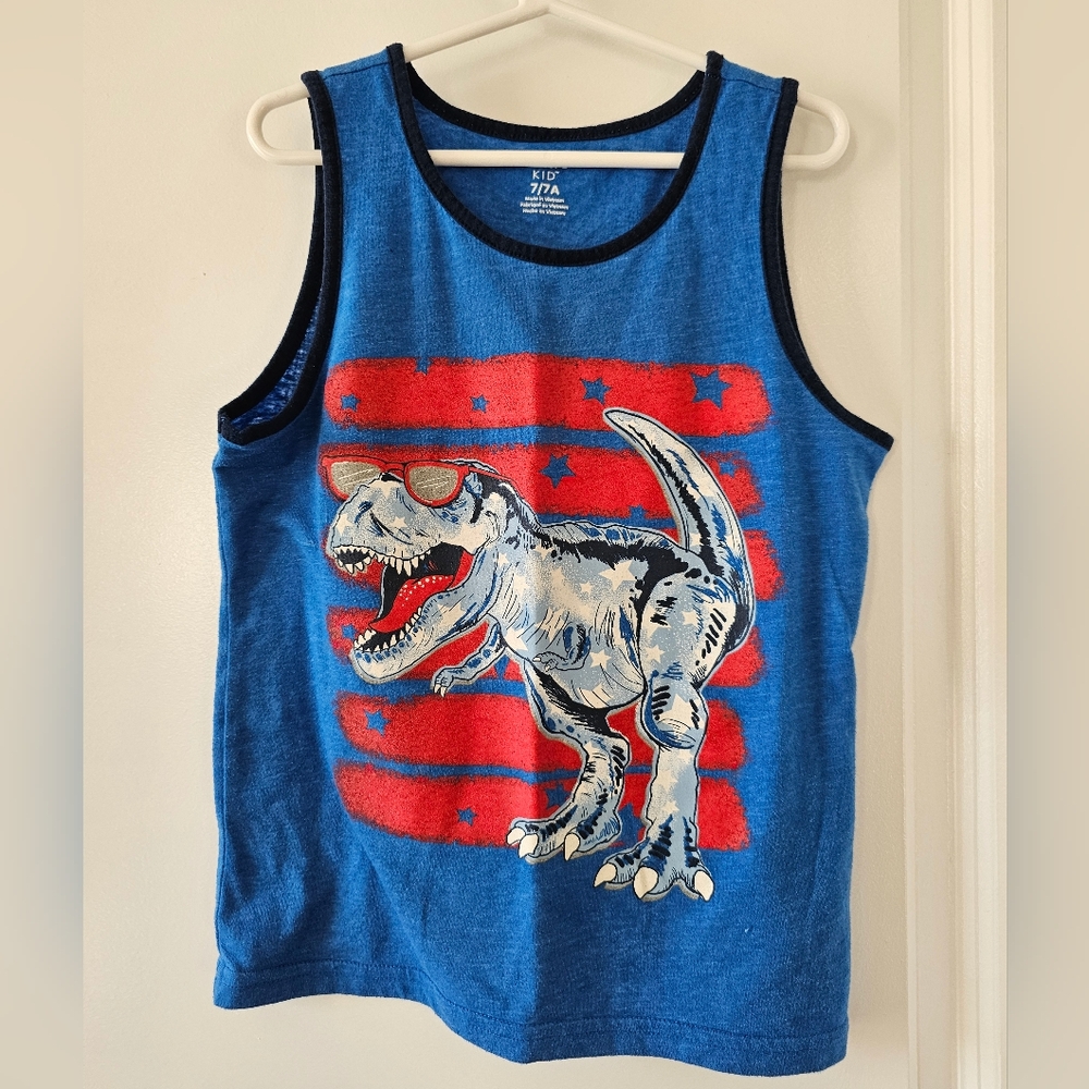 sz7 Carters‎ Blue Red Tank T-rex Dinosaur Patriotic Stars Stripes Summer Holiday